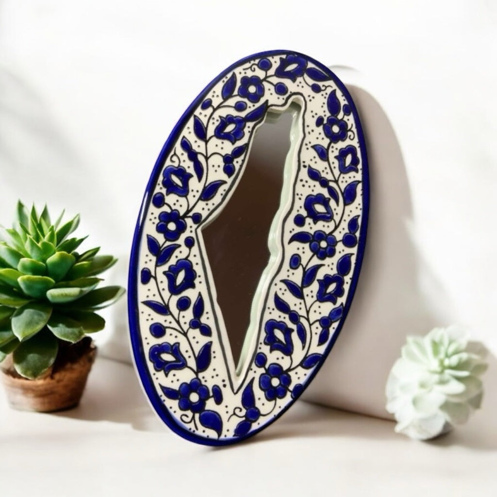 Handcrafted Map of Palestine mirror with olive motif - Blue white, image