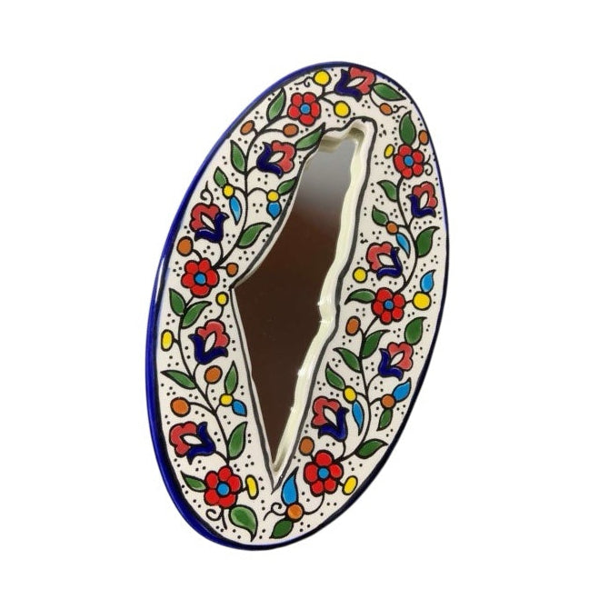 Handcrafted Map of Palestine mirror with olive motif - Floral image