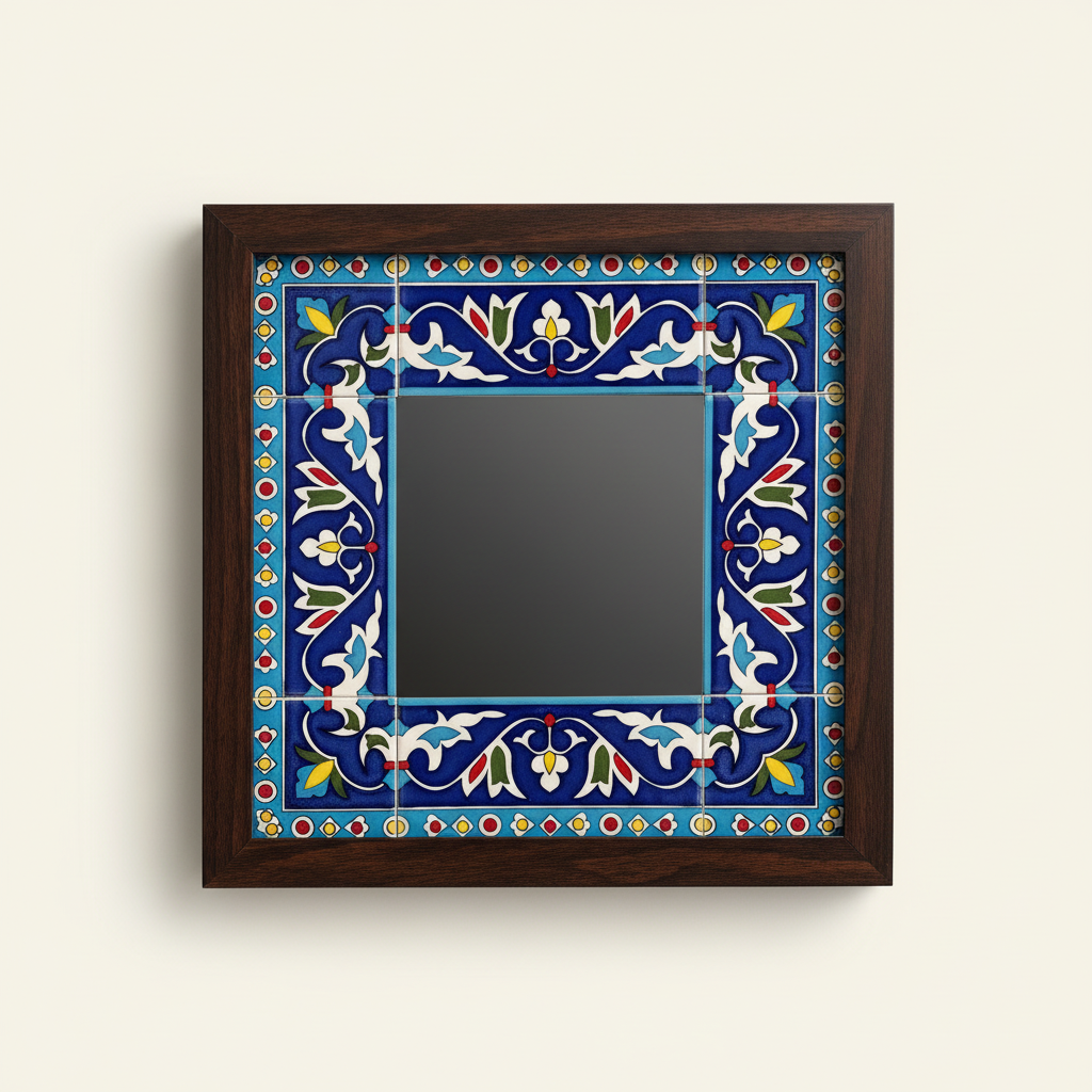 Hand painted tile inlaid mirror 14x14