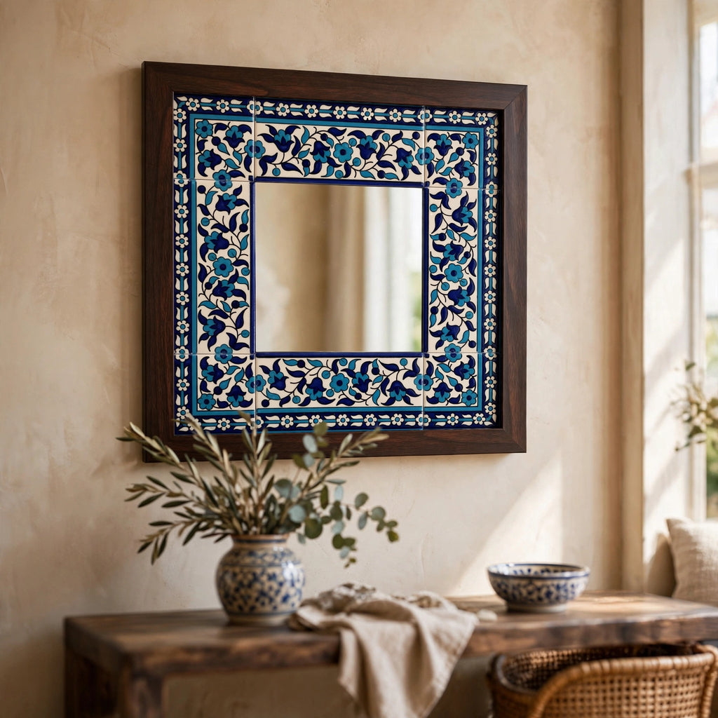 Hand painted tile inlaid mirror 14x14