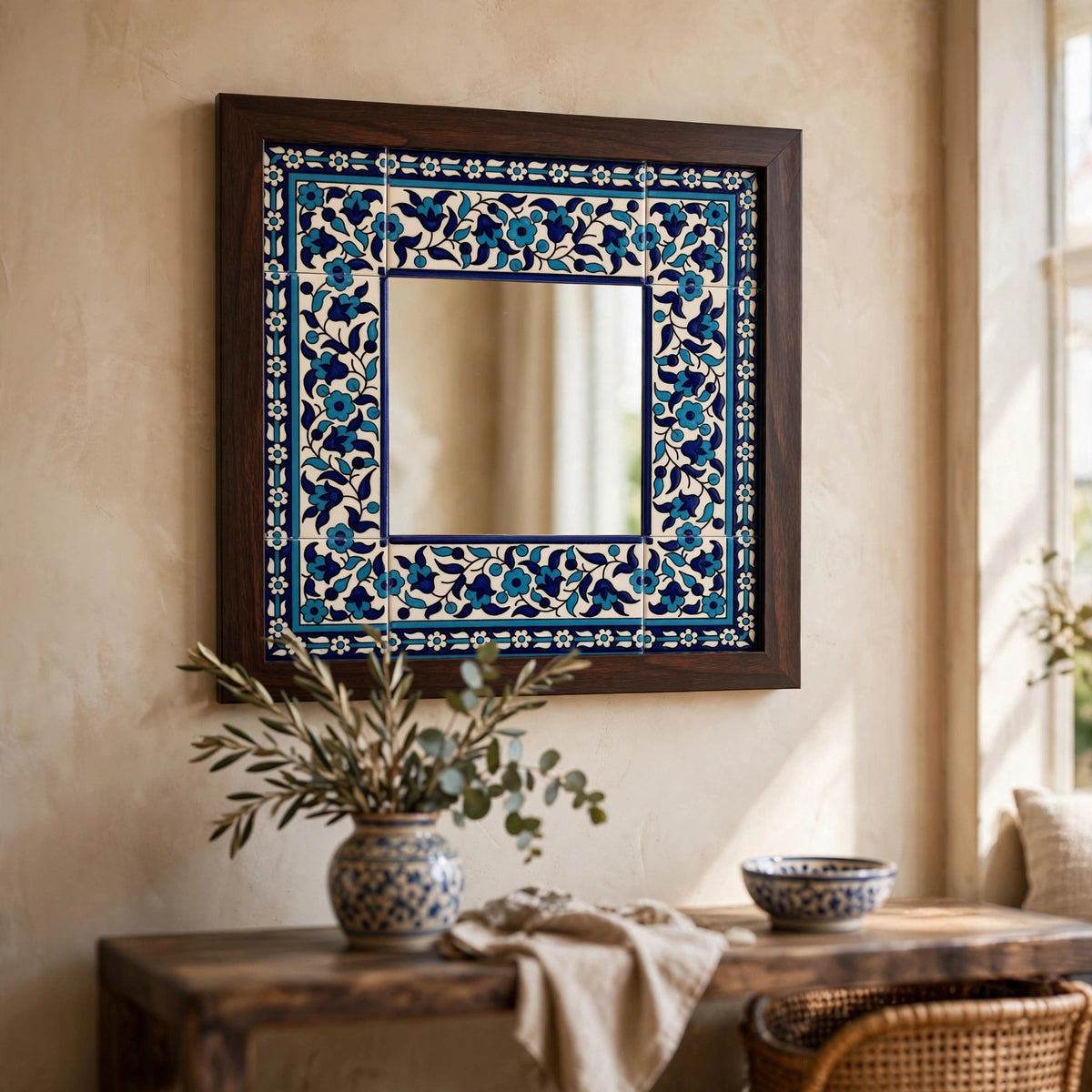 Hand painted tile inlaid mirror 14x14